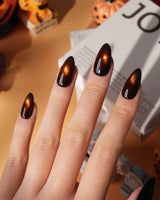 Ember spotlight cat eye press on nails, dark coffee brown with a glowing amber magnetic spot - image 5