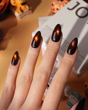 Ember spotlight cat eye press on nails, dark coffee brown with a glowing amber magnetic spot - image 5