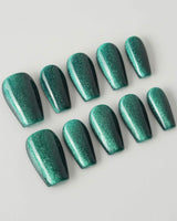 Emerald Green Nail Designs Cat-eye Nails press-on nails in short coffin shape — emerald green cat eye nails