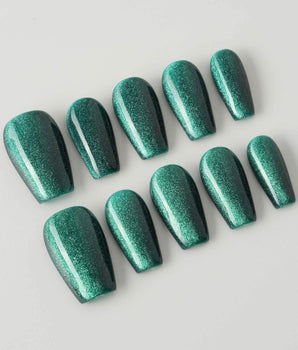 Emerald Green Nail Designs Cat-eye Nails press-on nails in short coffin shape — emerald green cat eye nails
