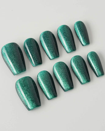 Emerald Green Nail Designs Cat-eye Nails press-on nails in short coffin shape — emerald green cat eye nails