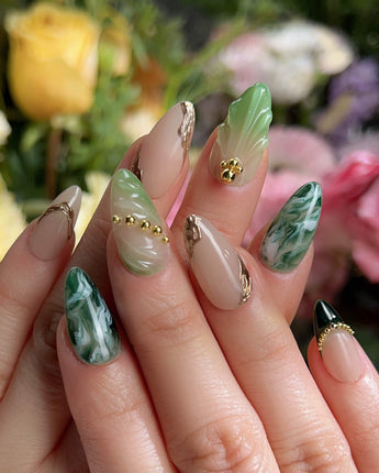 Emerald - Jade Sutra nail art close-up showing Elegant Grape Green, Marble Smudge & Liquid Metal. details