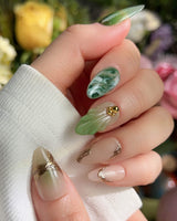 Emerald - Jade Sutra press-on nails — Elegant Grape Green, Marble Smudge & Liquid Metal. handmade nail art by Joyee Nails
