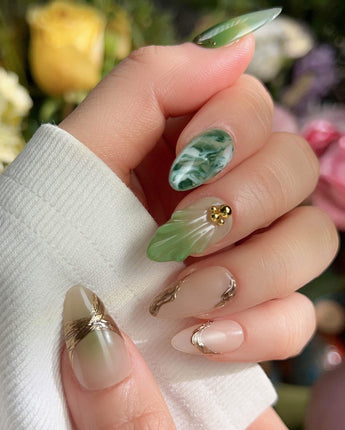 Emerald - Jade Sutra press-on nails — Elegant Grape Green, Marble Smudge & Liquid Metal. handmade nail art by Joyee Nails