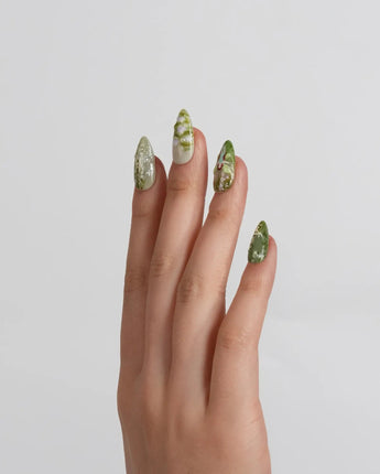 Emerald Wild press-on nails in short almond shape — Mori Monet's Garden, Hand-painted Forest Fairies & 3D Water Droplets.