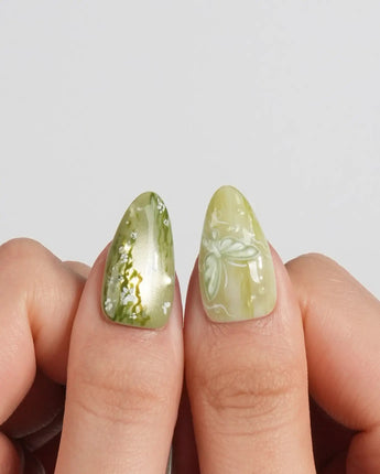 Emerald Wild press-on nails in short almond shape — Mori Monet's Garden, Hand-painted Forest Fairies & 3D Water Droplets.