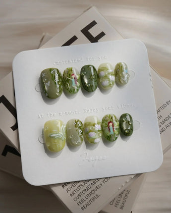 Emerald Wild press-on nails in extra short oval shape — Mori Monet's Garden, Hand-painted Forest Fairies & 3D Water Droplets.