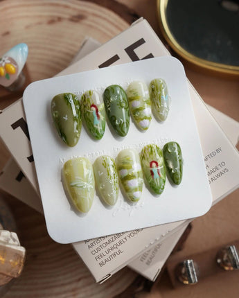 Emerald Wild press-on nails in medium almond shape — Mori Monet's Garden, Hand-painted Forest Fairies & 3D Water Droplets.
