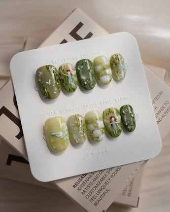 Emerald Wild press-on nails in short oval shape — Mori Monet's Garden, Hand-painted Forest Fairies & 3D Water Droplets.