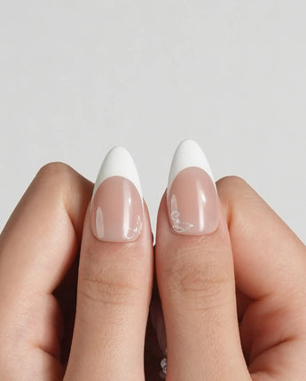 Engagement press-on nails — Elegant Style, Pearl Outlines & 3D Ribbon Bows. handmade nail art by Joyee Nails