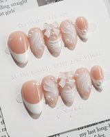 Engagement press-on nails — Elegant Style, Pearl Outlines & 3D Ribbon Bows. handmade nail art by Joyee Nails