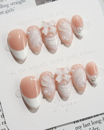 Engagement press-on nails — Elegant Style, Pearl Outlines & 3D Ribbon Bows. handmade nail art by Joyee Nails