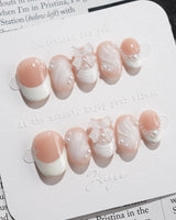 Engagement press-on nails — Elegant Style, Pearl Outlines & 3D Ribbon Bows. handmade nail art by Joyee Nails