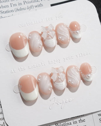 Engagement press-on nails — Elegant Style, Pearl Outlines & 3D Ribbon Bows. handmade nail art by Joyee Nails