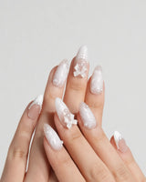 Engagement press-on nails in medium almond shape — Elegant Style, Pearl Outlines & 3D Ribbon Bows.