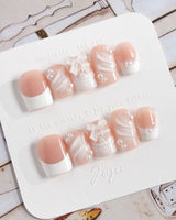 Engagement press-on nails in extra short square shape — Elegant Style, Pearl Outlines & 3D Ribbon Bows.