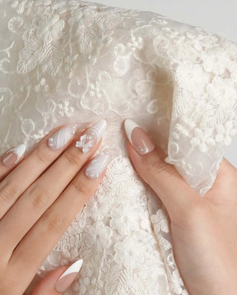 Engagement handmade press-on nails featuring Elegant Style, Pearl Outlines & 3D Ribbon Bows.