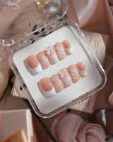 Engagement press-on nails in short coffin shape — Elegant Style, Pearl Outlines & 3D Ribbon Bows.