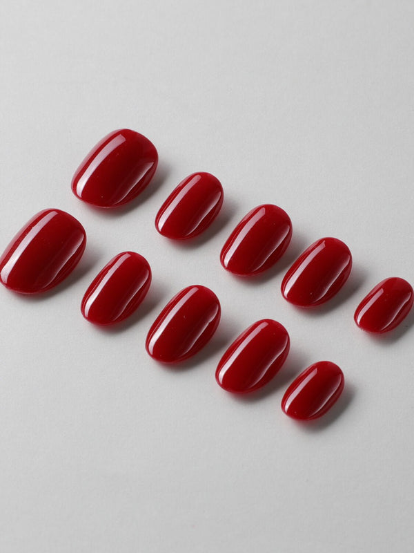 Solid Nails - Red Roses press-on nails with deep rose red polish and glossy gel finish