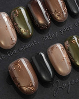 Maple Cat Short Oval cat eye press on nails fall with multicolored cat eye handmade nail art - image 1