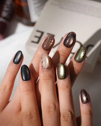 Maple Cat Short Oval cat eye press on nails fall with multicolored cat eye handmade nail art - image 2