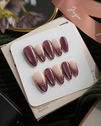 Plum Wine Medium Almond plum press on nails with purple cat eye handmade nail art - image 1