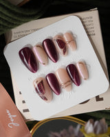 Nightcap Medium Almond burgundy press on nails with purple fall handmade nail art - image 1