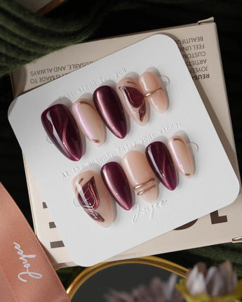 Nightcap Medium Almond burgundy press on nails with purple fall handmade nail art - image 1