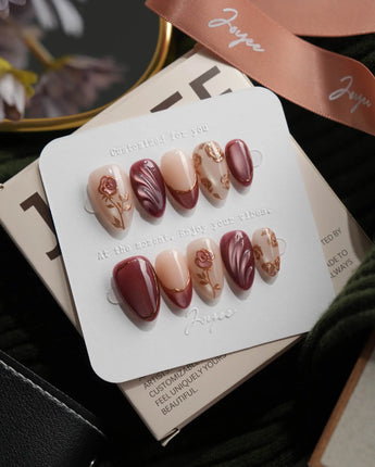 Rosewood Extra Short Almond rose gold press on nails with purple fall handmade nail art - image 1