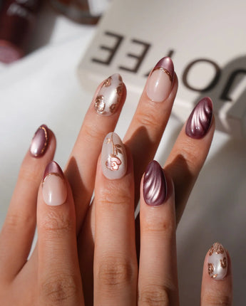Rosewood Extra Short Almond rose gold press on nails with purple fall handmade nail art - image 2