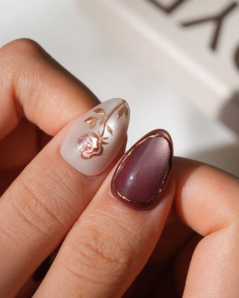 Rosewood Extra Short Almond rose gold press on nails with purple fall handmade nail art - image 3
