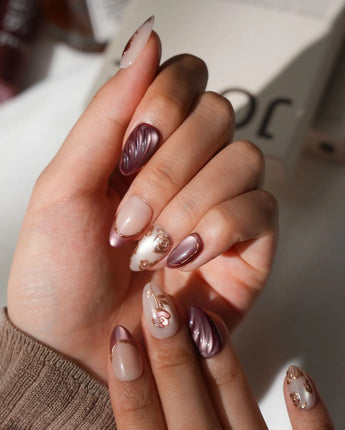 Rosewood Extra Short Almond rose gold press on nails with purple fall handmade nail art - image 4