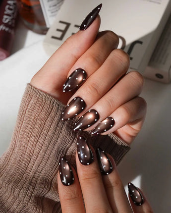 Cocoa Dot Short Almond polka dot press on nails with brown cat eye dot handmade nail art - image 1