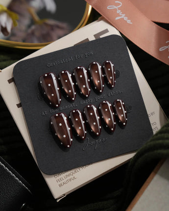 Cocoa Dot Short Almond polka dot press on nails with brown cat eye dot handmade nail art - image 2