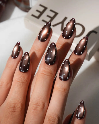 Cocoa Dot Short Almond polka dot press on nails with brown cat eye dot handmade nail art - image 3