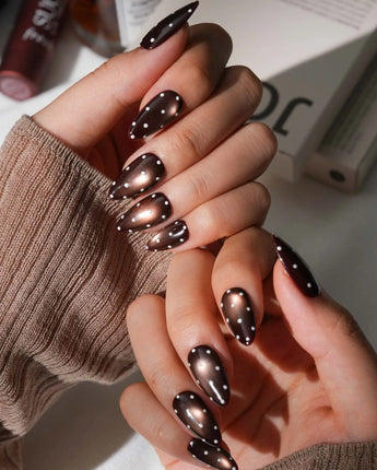 Cocoa Dot Short Almond polka dot press on nails with brown cat eye dot handmade nail art - image 5