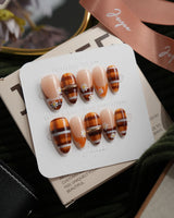 Picnic Short Almond plaid press on nails with orange fall handmade nail art - image 1