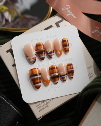 Picnic Short Almond plaid press on nails with orange fall handmade nail art - image 1