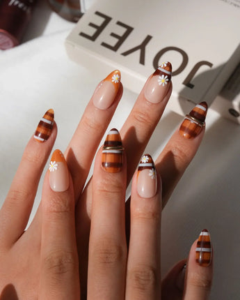 Picnic Short Almond plaid press on nails with orange fall handmade nail art - image 2