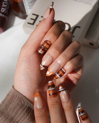 Picnic Short Almond plaid press on nails with orange fall handmade nail art - image 4