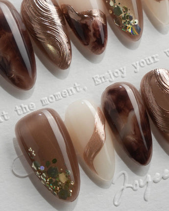Bonfire Short Almond brown marble press on nails with brown marble handmade nail art - image 1