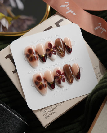 Nightbloom Short Almond floral press on nails with brown floral 3D handmade nail art - image 1