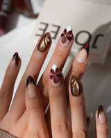 Nightbloom Short Almond floral press on nails with brown floral 3D handmade nail art - image 2