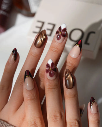 Nightbloom Short Almond floral press on nails with brown floral 3D handmade nail art - image 2