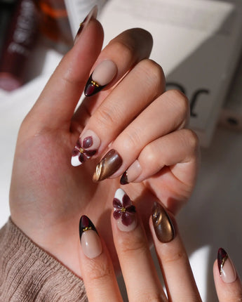Nightbloom Short Almond floral press on nails with brown floral 3D handmade nail art - image 3