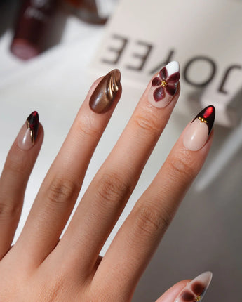 Nightbloom Short Almond floral press on nails with brown floral 3D handmade nail art - image 4