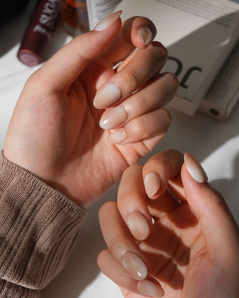Chai Short Oval nude press on nails with brown ombre handmade nail art - image 1