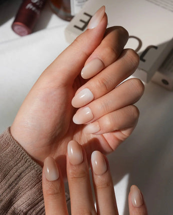 Chai Short Oval nude press on nails with brown ombre handmade nail art - image 5