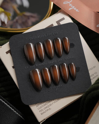Tobacco Short Almond olive press on nails with brown aura handmade nail art - image 1