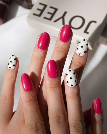 Berry Dot Short Oval polka dot press on nails red with pink dot solid color handmade nail art - image 1